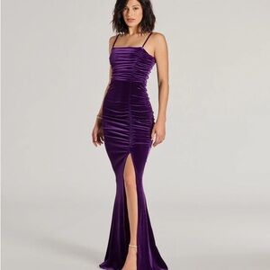 Purple Ruched Velvet Evening Dress